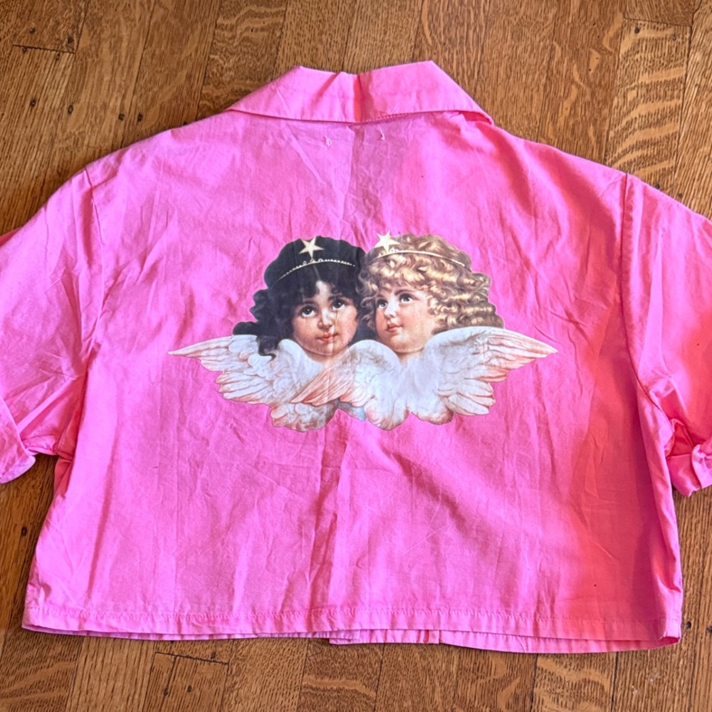 Fiorucci Pink Cropped Button-Up Shirt with Cherub Angel Back Graphic